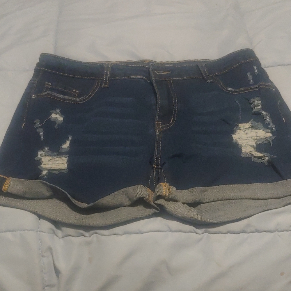 SHEIN Blue Distressed Jean Shorts with Cuffed Hems